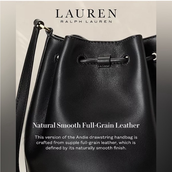 Lauren Ralph Lauren Black Smooth Leather Medium Andie Drawstring Bag, New w/Tag - Picture 6 of 15